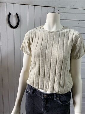 Vintage SML Sport Cream Ribbed Short-Sleeve Knit Top